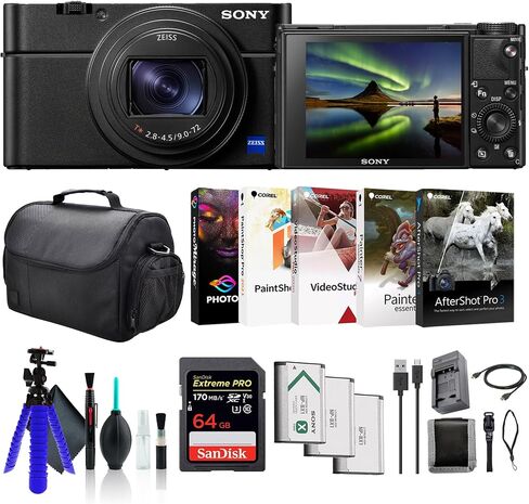 كاميرا سوني سايبر شوت DSC-RX100 VII الرقمية DSC-RX100M7، بطاقة ذاكرة سعة 64 جيجابايت، حافظة، 2 بطارية NP-BX1، قارئ بطاقات، ضوء LED، برنامج كوريل للصور، كابل HDMI، شاحن، حامل ثلاثي القوائم مرن، والمزيد in Saudi Arabia
