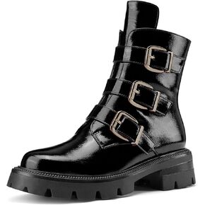 DearOnly Combat Motorcycle Boots for Women Low Chunky Heel Side Zipper Patent Leather Lug Sole Ankle Boots Mid Calf Biker Buckle Boots