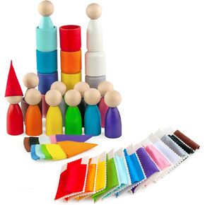Ulanik Large Peg Dolls in Cups with Hats & Beds Toddler Montessori Toys for 3 Year Old + Wooden Waldorf Dolls for Learning Color Sorting & Counting — 12 Gnomes
