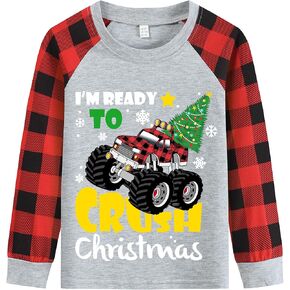 Toddler Boys Christmas Tree Buffalo Red Plaid Long Sleeve T-Shirts Kids Monster Truck Santa Snowman Shirts 2-7 Years
