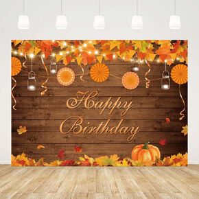 8x6ft Autumn Fall Happy Birthday Backdrop Rustic Wood Maple Leaves Pumpkin Photography Background Birthday Party Decorations Mexican Paper Fans Banner Photo Props