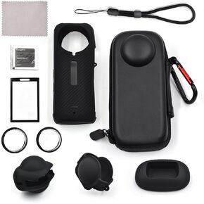 Sports Camera Accessory Kit for Insta360 X4, Including Hard Case Protector, Silicone Protector, Tempered Glass Screen Film, Lens Protector, Premium Lens Protector, Silicone Desktop Base