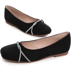 Hee grand Square Toe Ballet Flats for Women Rhinestones Chains Black Suede Dress Shoes Comfort Slip-On Loafers