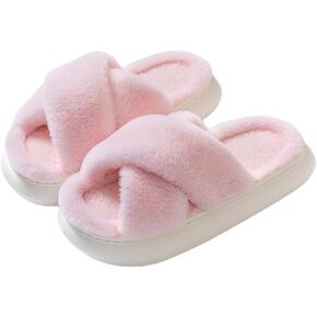 Women Cross Band Faux Fur Fuzzy Slippers Plush Fluffy Furry Open Toe Slide Slipper Cozy Memory Foam Anti-Skid Sole Indoor Outdoor House Home Bedroom Slippers