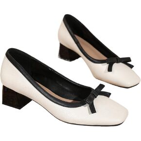 Women's Leather Bow Chunky Heel Pumps Fashion Closed Square Toe Block Heel Slip-On Shallow Wedding Shoes Party Dance Work Formal Shoes