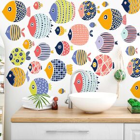 Boho Style Fish Wall Decals Ocean Fish Characters Wall Stickers DIY Peel & Stick Under The Sea Wall Art Sticker for Kids Bedroom Playroom Bathroom Baby Nursery