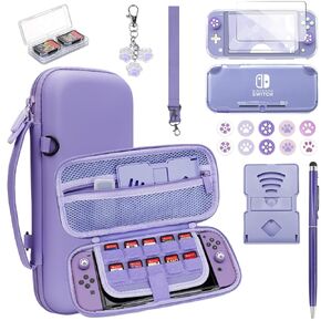 Switch Lite Case Carrying Case- 19 in 1 for Nintendo Switch Lite Accessories Bundle with Switch Lite Thumb Grips,Clear Protective Case,Screen Protector Cover,Cute Pendant,Stand,Stylus,for Girls,Purple