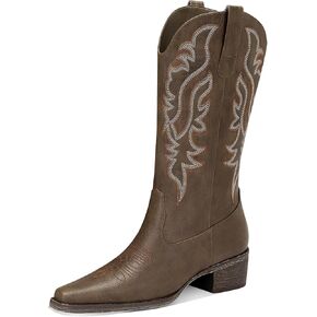 Women's Cowboy Boots, Mid-Calf Chunky Heel Pointed Toe Western Cowgirl Booties