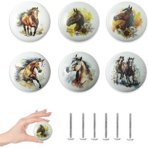 Setof 6 Ceramic Horse Head Stylish Western Themed Kitchen Cabinet Door Handles Dresser Drawer Pulls and Decorative Knobs 1.5 X 1.5 Inches