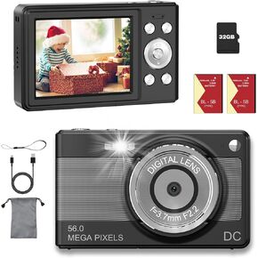 Digital Camera 1080P Video Camera for Kids Boys Girls, 8X Zoom Compact Digital Point and Shoot Kids Digital Camera with 32GB Card,2 Batteries-Black