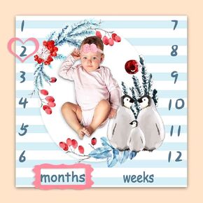 Penguin Baby Monthly Milestone Blanket, Merry Christmas Winter Holiday Personalized Growth Chart Blanket, 47"x47" Photography Backdrop 1 to 12 Months with 4 Frames, 1 Headband, BTXTPH444