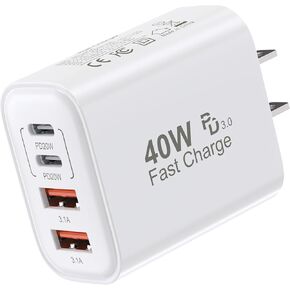 40W USB C Charger Block, 4 Ports Wall Plug Fast Charging Cube, PD+QC Multiport Power Adapter Type C USB Box for iPhone 15, 14, 13, 12, 11, iPad, Samsung Galaxy S24, S23, S22, S21, S20, Watch, Tablet