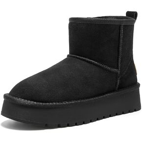 BEAU TODAY Winter Snow Boots for Women, Platform Mini Boots Women, Genuine Suede Warm Fur Lining Ankle Boots, Comfortable Slip-On Anti-Slip Outdoor Short Booties