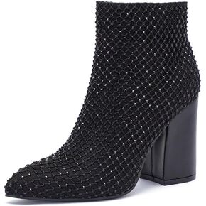 geluboao Ankle Boots for Women Sexy Bling Rhinestone Pointed Toe Side Zipper Fashion Chunky High Heeled Short Booties