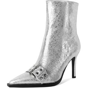 YODEKS Women Ankle Boots Pointed Toe 3.5" High Heel Boots Eyelets Buckles Straps Booties Side Zipper Short Boots
