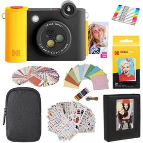 KODAK Smile+ 2-in-1 Digital Instant Print Camera & Photo Printer Gift Bundle + Case + Zink 2x3 Sticky Back Photo Paper 20pk + Album + Sticker Sets + Sticker Frames + Hanging Frames + Markers - Black