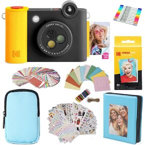 KODAK Smile+ 2-in-1 Digital Instant Print Camera & Photo Printer Gift Bundle + Case + Zink 2x3 Sticky Back Photo Paper 20pk + Album + Sticker Frames + Hanging Frames + Sticker Sets + Markers - Black
