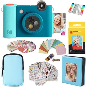 KODAK Smile+ 2-in-1 Digital Instant Print Camera & Photo Printer Gift Bundle + Case + Zink 2x3 Sticky Back Photo Paper 20pk + Album + Sticker Frames + Hanging Frames + Sticker Sets + Markers - Blue
