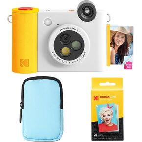 KODAK Smile+ 2-in-1 Digital Instant Print Camera & Wireless Bluetooth Photo Printer Starter Bundle + Deluxe Case + Zink 20pk Sticky-Back Photo Paper - 10MP, Special-Effect Rotating Lens - White