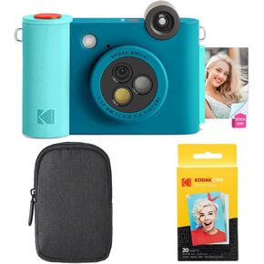 KODAK Smile+ 2-in-1 Digital Instant Print Camera & Wireless Bluetooth Photo Printer Starter Bundle + Carrying Case + Zink 20pk Sticky-Back Photo Paper - 10MP, Special-Effect Rotating Lens - Blue