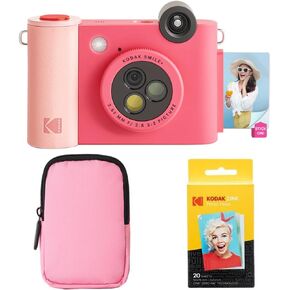 KODAK Smile+ 2-in-1 Digital Instant Print Camera & Wireless Bluetooth Photo Printer Starter Bundle + Soft Case + Zink 20pk Sticky-Back Photo Paper - 10MP, Special-Effect Rotating Lens - Fuchsia