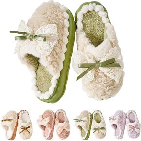Cute Bow Fuzzy Slippers for Women, Fluffy Cozy Womens Slippers, Plush Lining Indoor Outdoor House Slippers, Memory Foam Platform Bedroom Shoes