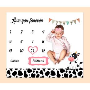 Cow Milestone Blanket for Baby Boy, Farm Animals Cow Print Photography Background Newborn First Year Growth Blanket for Baby Pictures Include 4 Frames and 1 Headband 48"x40" BTYYPH46