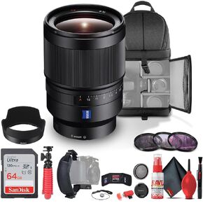 Sony Distagon T FE 35mm f/1.4 ZA Standard Lens for Mirrorless Cameras (SEL35F14Z) + 64GB Card + Filter Kit + Backpack + Flexible Tripod + Cap Keeper + Cleaning Kit + Card Wallet + More (Renewed)