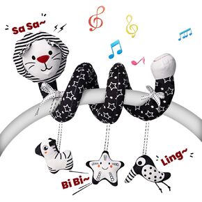 LiKee Spiral Car Seat Toys for Babies 0-6 Months, Black High Contrast Plush Hanging Baby Stroller Toys, Crib & Carseat Sensory Activity for Newborn, Ages 0+ Years 6-12 Month Infants Boy Girl Gifts