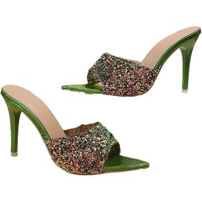 Women's Sequined Pointed Open Toe Stiletto Heel Walking Slide Sandals Fashion Elegant Shiny Slip-On Comfort High Heel Dress Mule Slippers for Prom Wedding Party