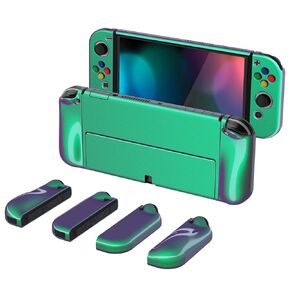 PlayVital AlterGrips Protective Case for Nintendo Switch OLED, Dockable Grip Cover for Nintendo Switch OLED Joycon w/Thumb Grips & Button Caps - Glossy Chameleon Green Purple