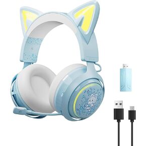 Zunate Gaming Headset with 3D Surround Sound, RGB Lighting Cat Ears Headphones 120 Degree Rotatable Mic for PC, Laptops (Blue)