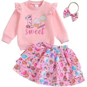Omkzanbi 1st/2nd/3rd Birthday Outfit Girl Candy Land Ruffle Sweatshirt Lollipop Skirt Bow Sweet Toddler Cake Smash Gifts 1-3Y