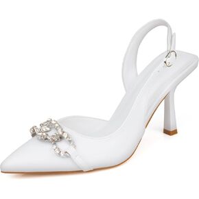 Rhinestones Slingback Heels Women Closed Pointed Toe Crystal Bridal Wedding Stiletto Pumps Shoes Slip On Sandals Buckle Strap Kitten Heels Size 6-10