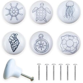 6PCS 1.49Inch Beach Themed Coastal Cabinet Knobs and Pulls Kids Nursery Drawer Ceramic Nautical Dresser Knobs