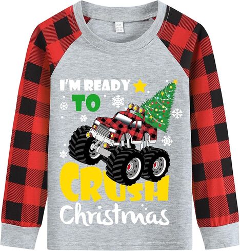 Toddler Boys Christmas Tree Buffalo Red Plaid Long Sleeve T-Shirts Kids Monster Truck Santa Snowman Shirts 2-7 Years in Saudi Arabia