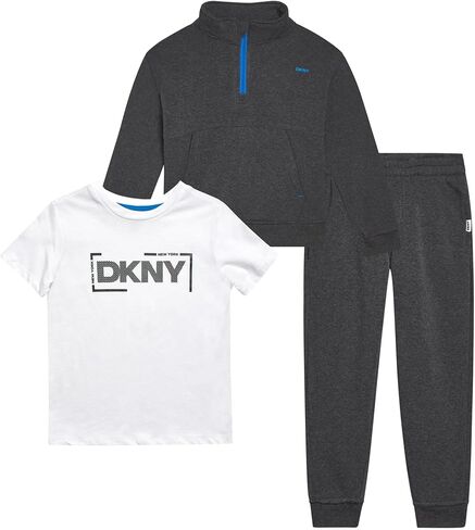 DKNY Toddler Boys' Jogger Set - 3 Piece Short Sleeve Graphic T-Shirt, Quarter-Zip Sweatshirt, and Jogger Sweat Pants (4-7) in Saudi Arabia