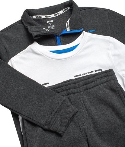 DKNY Toddler Boys' Jogger Set - 3 Piece Short Sleeve Graphic T-Shirt, Quarter-Zip Sweatshirt, and Jogger Sweat Pants (4-7) in Saudi Arabia