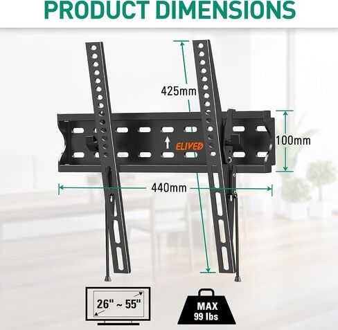 ELIVED Fixed TV Wall Mount Bracket, Low Profile TV Mount for Most 26-60 Inch LED, LCD and Plasma Flat Screen TVs, Ultra Slim TV Bracket, Max VESA 400x400mm, 99 lbs. Fits 12"-16" Wood Studs. in Kuwait