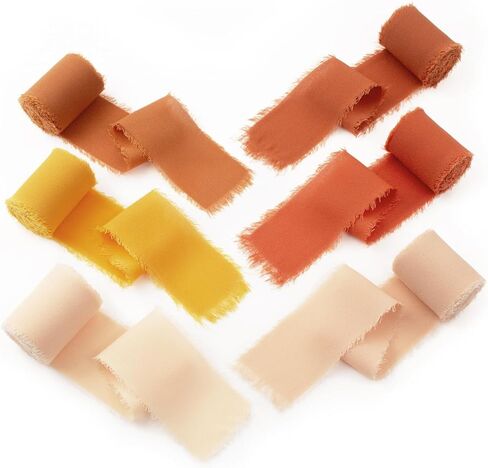 Chiffon Ribbon 6 Rolls Handmade Fringe Chiffon Silk Ribbon 1.5" x 3Yard Burnt Orange Ribbon Frayed Edges Boho Fabric Ribbon for Gift Wrapping Wedding Invitations Bridal Bouquets DIY Craft in Kuwait