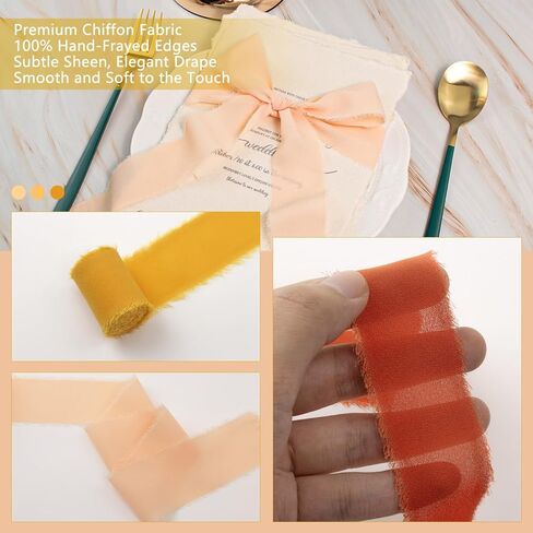 Chiffon Ribbon 6 Rolls Handmade Fringe Chiffon Silk Ribbon 1.5" x 3Yard Burnt Orange Ribbon Frayed Edges Boho Fabric Ribbon for Gift Wrapping Wedding Invitations Bridal Bouquets DIY Craft in Kuwait