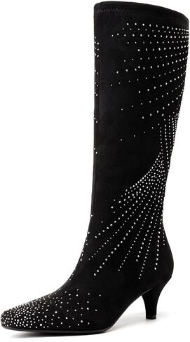 GOSERCE Sparkly Black Knee High Boots Women Low Heel with Rhinestone Pointed Toe Fashion Kitten Heels Suede Long Tall Boots Zipper Sexy Glitter Boot Ladies Shoes Wedding Party Dressy in Saudi Arabia