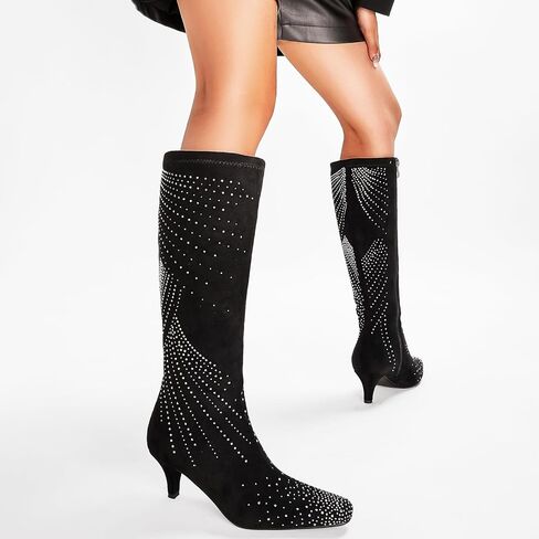 GOSERCE Sparkly Black Knee High Boots Women Low Heel with Rhinestone Pointed Toe Fashion Kitten Heels Suede Long Tall Boots Zipper Sexy Glitter Boot Ladies Shoes Wedding Party Dressy in Saudi Arabia