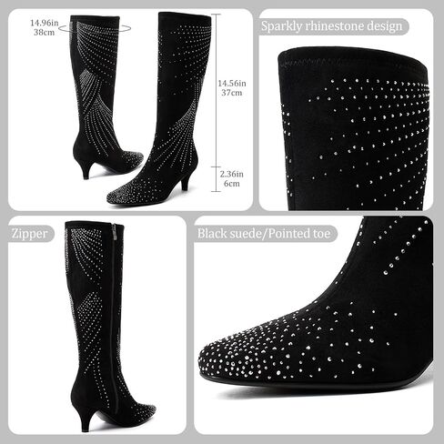 GOSERCE Sparkly Black Knee High Boots Women Low Heel with Rhinestone Pointed Toe Fashion Kitten Heels Suede Long Tall Boots Zipper Sexy Glitter Boot Ladies Shoes Wedding Party Dressy in Saudi Arabia