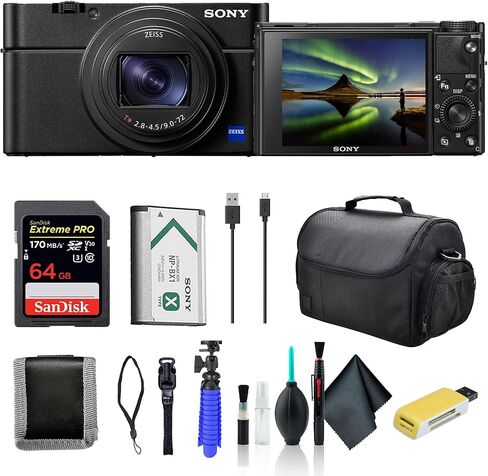 كاميرا سوني سايبر شوت DSC-RX100 VII الرقمية DSC-RX100M7، بطاقة ذاكرة 64 جيجابايت، حافظة، قارئ بطاقات، حامل ثلاثي مرن، محفظة بطاقة ذاكرة، مجموعة تنظيف in Saudi Arabia