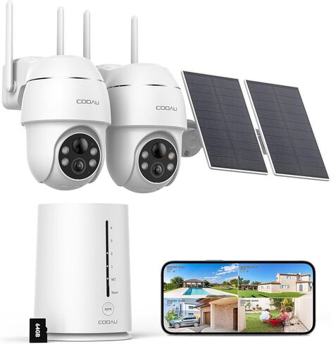 COOAU Solar Security Cameras Wireless Outdoor,4MP Cameras for Home Security System,360° Pan & Tilt,Color Night Vision,Motion Detection,No Monthly Fee,Siren Alarm,IP66 in Kuwait