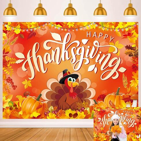 Happy Thanksgiving Backdrop Autumn Harvest Turkey Pumpkin Maple Leaf Background Give Thanks Day Party Yard Banner Photography Decorations Supplies 7x5FT in Saudi Arabia