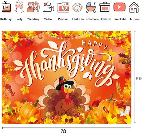 Happy Thanksgiving Backdrop Autumn Harvest Turkey Pumpkin Maple Leaf Background Give Thanks Day Party Yard Banner Photography Decorations Supplies 7x5FT in Saudi Arabia