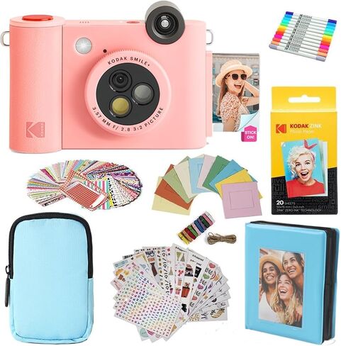 KODAK Smile+ 2-in-1 Digital Instant Print Camera & Photo Printer Gift Bundle + Case + Zink 2x3 Sticky Back Photo Paper 20pk + Album + Sticker Frames + Hanging Frames + Sticker Sets + Markers - Pink in Saudi Arabia
