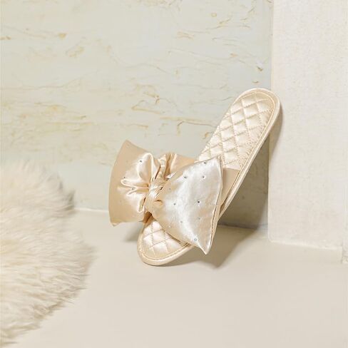 Women's Satin Slippers Soft Cozy House Slippers Comfy Open Toe Non-slip Sole Breathable Bowknot Design, Black, TX32109 in Saudi Arabia